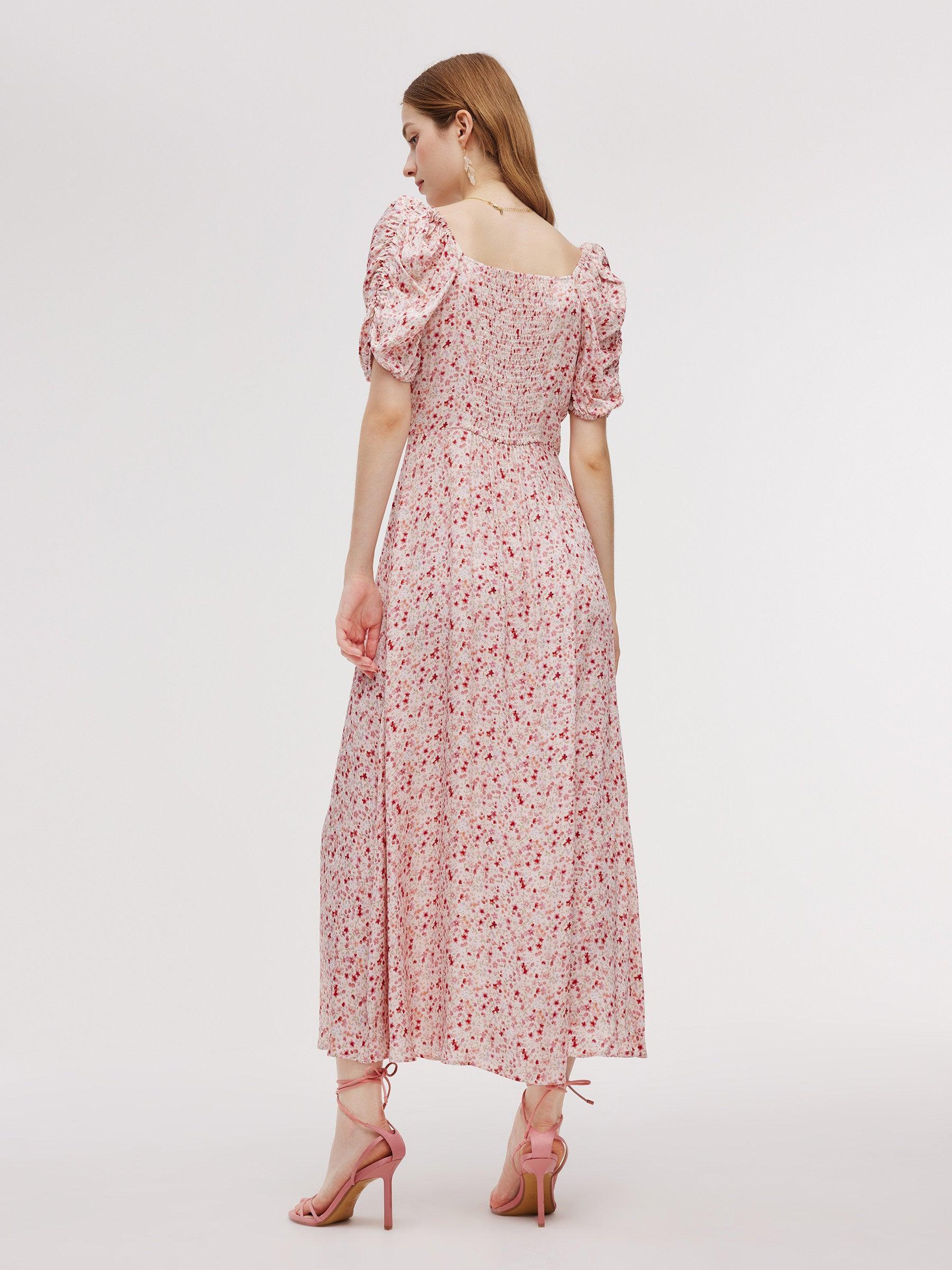 Floral Print Side Slit Women Ruched Sleeve Maxi Dress Product Image