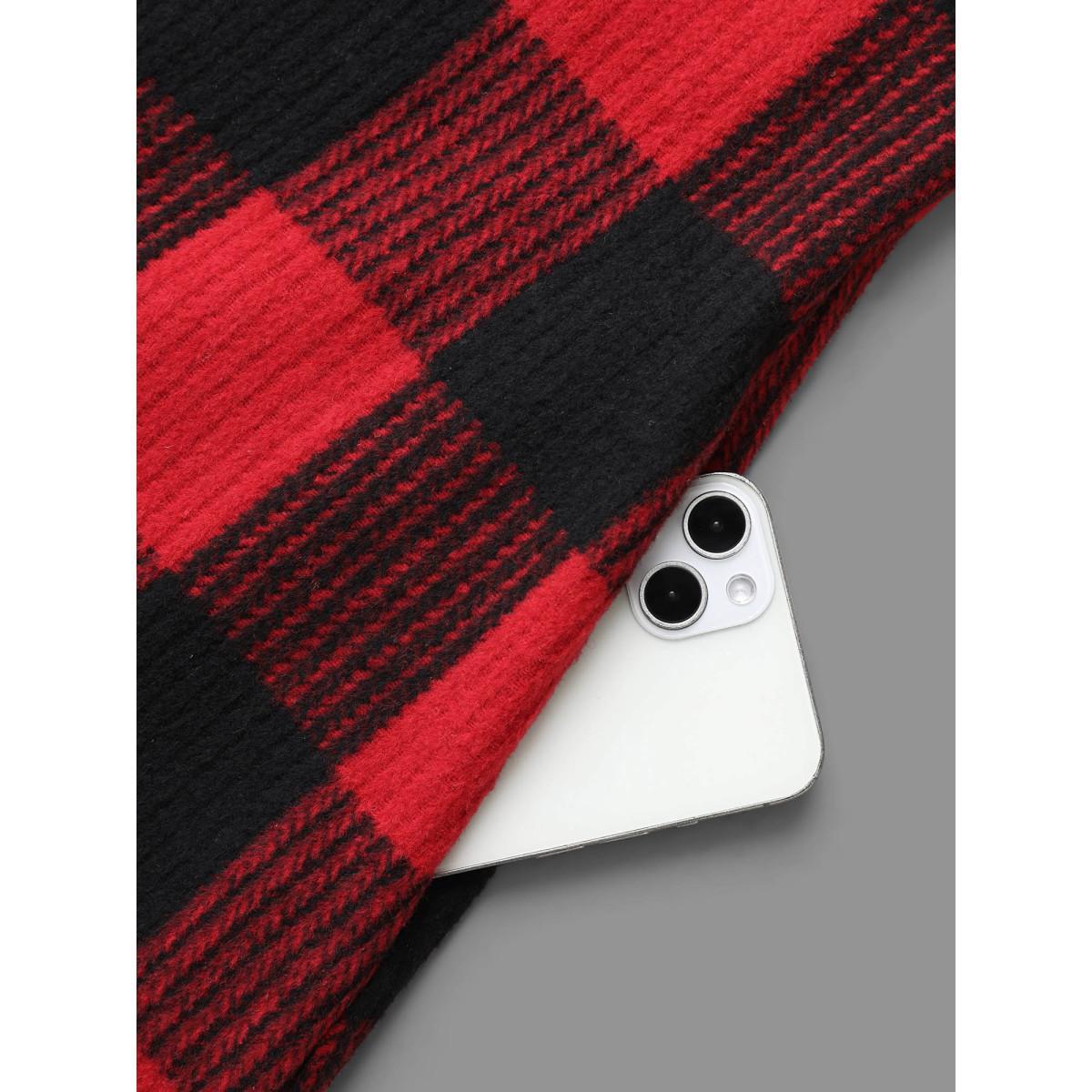 Plus Size Festive Plaid Curved Hem Cardigan Women Brightred Contrast Loose Side seam pocket Everyday Jackets BloomChic 14-16/1X Product Image