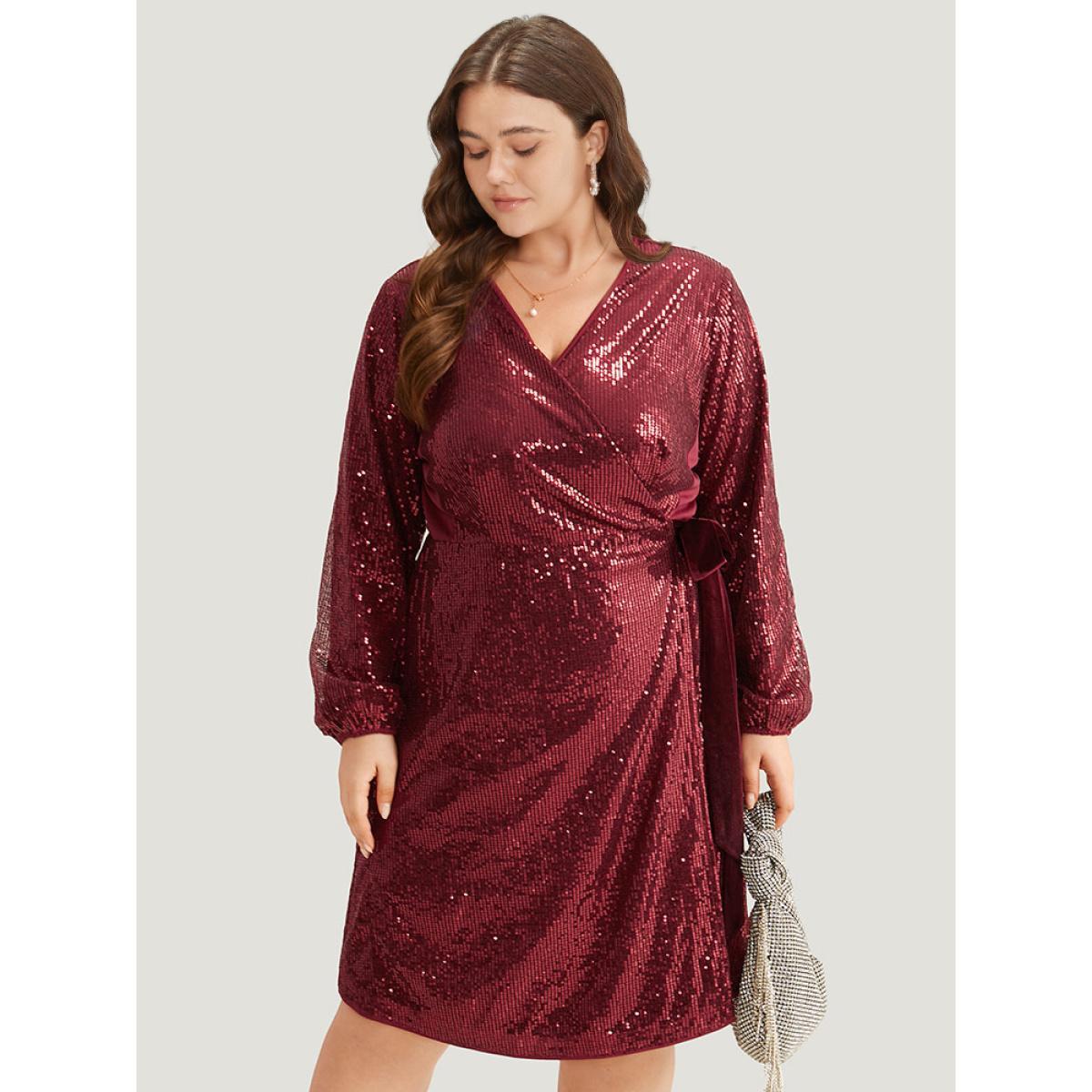 Plus Size Sequin Ties Side Surplice Neck Lantern Sleeve Dress Scarlet Women Cocktail Elastic cuffs V-neck Long Sleeve Curvy Knee Dress BloomChic 18-20/2X Product Image
