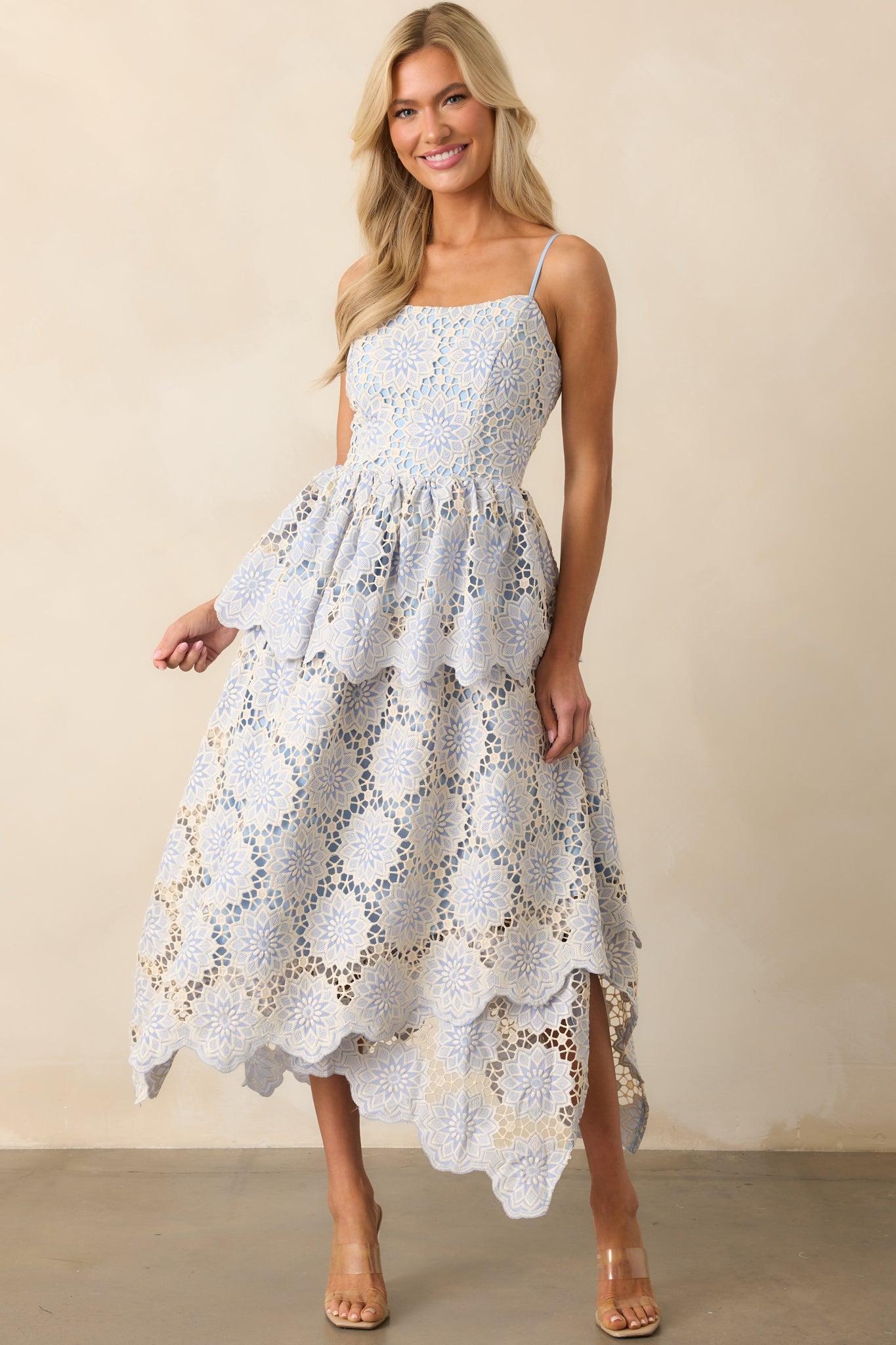 Within Myself Sky Blue Embroidered Eyelet Asymmetric Maxi Dress Product Image