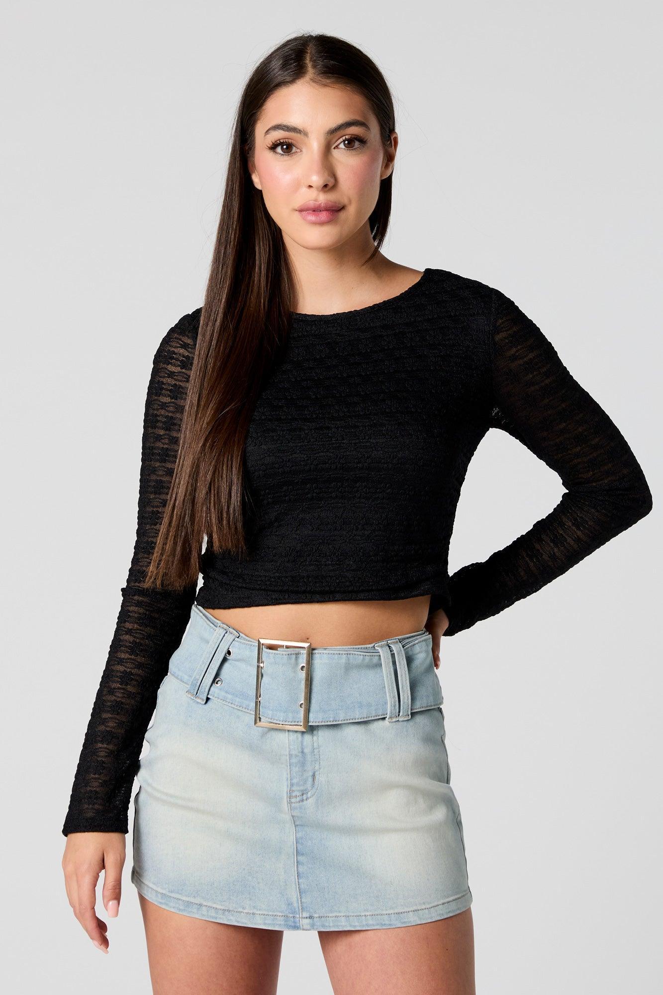 Floral Lace Long Sleeve Crop Top Female Product Image