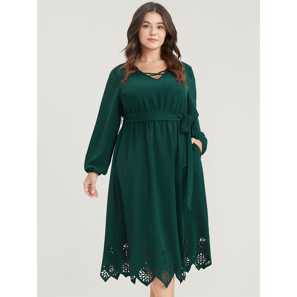 Plus Size Solid Pocket Crisscross V Neck Laser Cut Belted Dress DarkGreen Women Elegant Belted V-neck Long Sleeve Curvy Midi Dress BloomChic 10/M Product Image