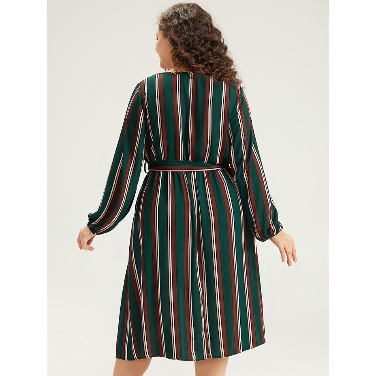 Plus Size Striped Contrast Crew Neck Belted Dress Multicolor Women Office Elastic cuffs Round Neck Long Sleeve Curvy Midi Dress BloomChic 10/M Product Image