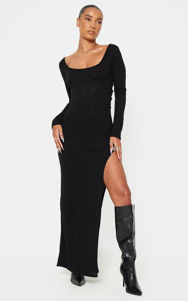 Black Textured Lace Up Back Detail Maxi Dress Product Image