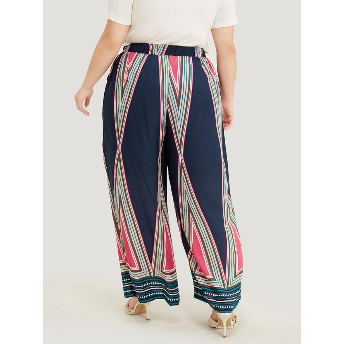 Plus Size Geometric Print Pocket Wide Leg Pants Women Indigo Vacation Loose High Rise Dailywear Pants BloomChic 12/L Product Image