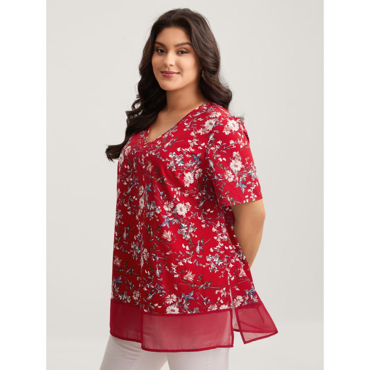 Plus Size Scarlet Garden Print Spliced V-Neck Blouse Women Elegant Short sleeve V-neck Everyday Blouses BloomChic 30/6X Product Image