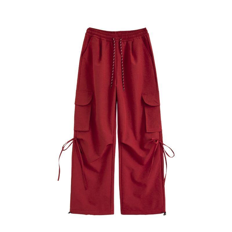 High Rise Plain Pocket Loose-Fit Wide-Leg Cargo Pants Product Image