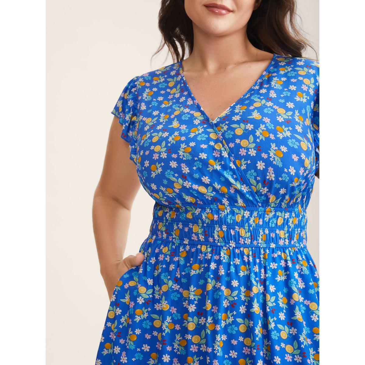 Plus Size Fruity Floral Stretchy Waist Midi Dress Skyblue Women Overlap Collar Cap Sleeve Curvy BloomChic 30/6X Product Image