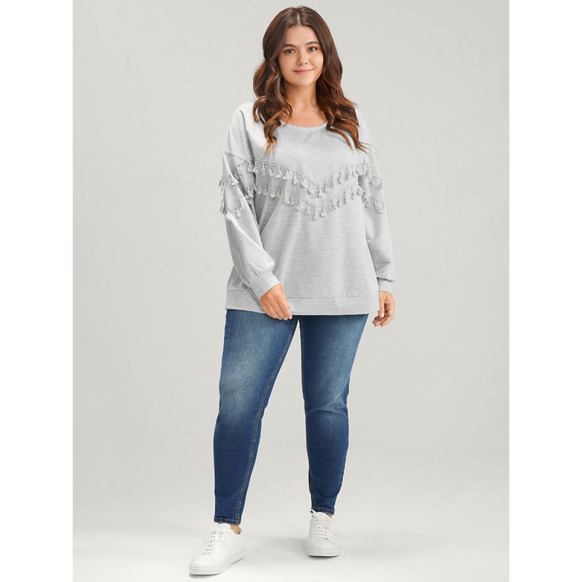 Plus Size Solid Round Neck Tassels Drop Shoulder Sweatshirt Women LightGray Casual Patchwork Round Neck Dailywear Sweatshirts BloomChic 12/L Product Image