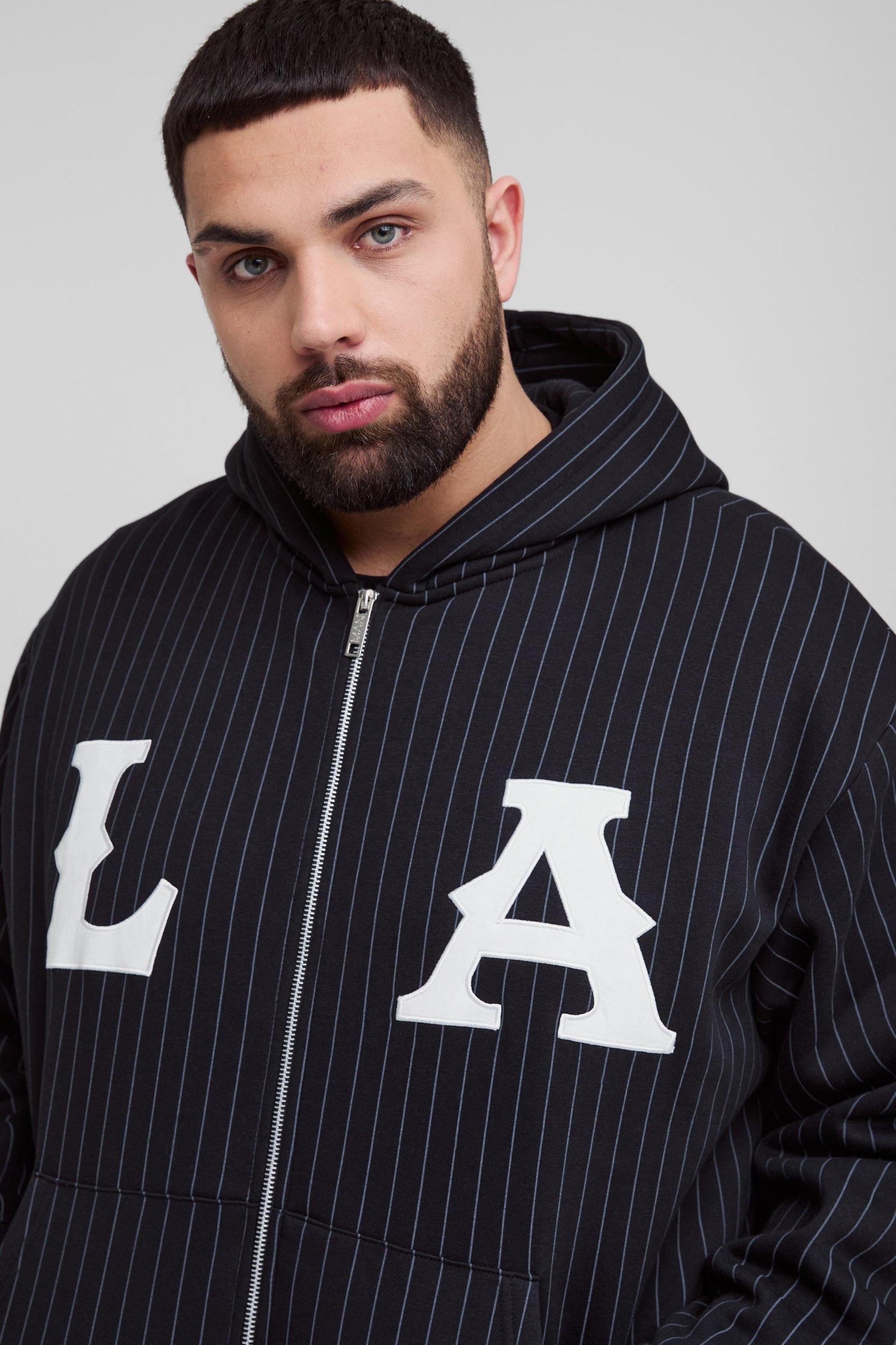 Plus Oversized Boxy Zip Thru LA Applique Stripe Hoodie | boohooMAN USA Product Image