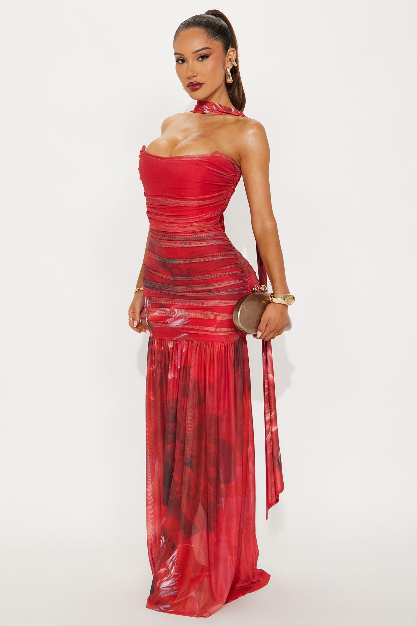 Mariana Floral Mesh Maxi Dress - Red/combo Product Image