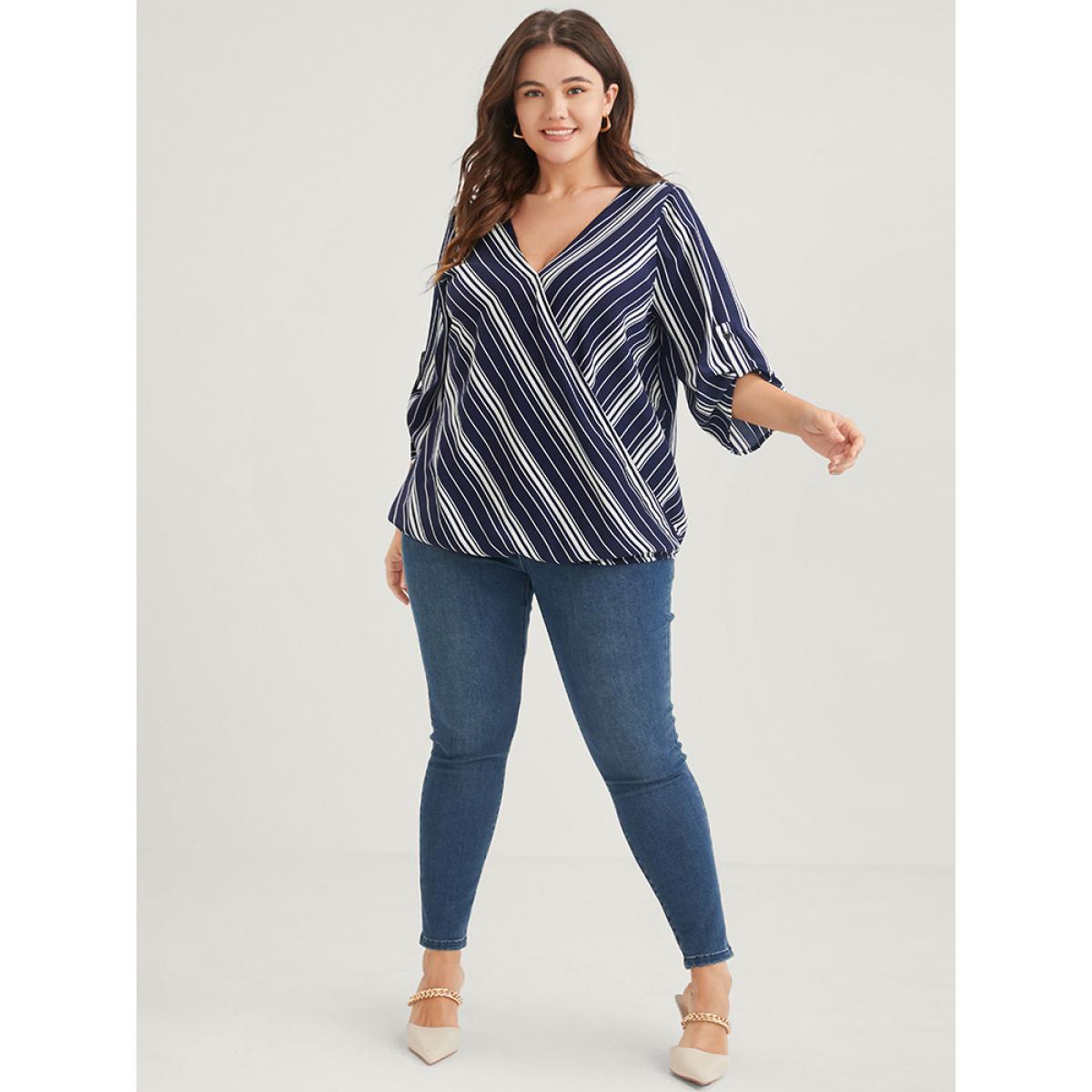 Plus Size DarkBlue Striped Button Cuffed Sleeve Wrap Blouse Women Vacation Short sleeve V-neck Dailywear Blouses BloomChic 30/6X Product Image