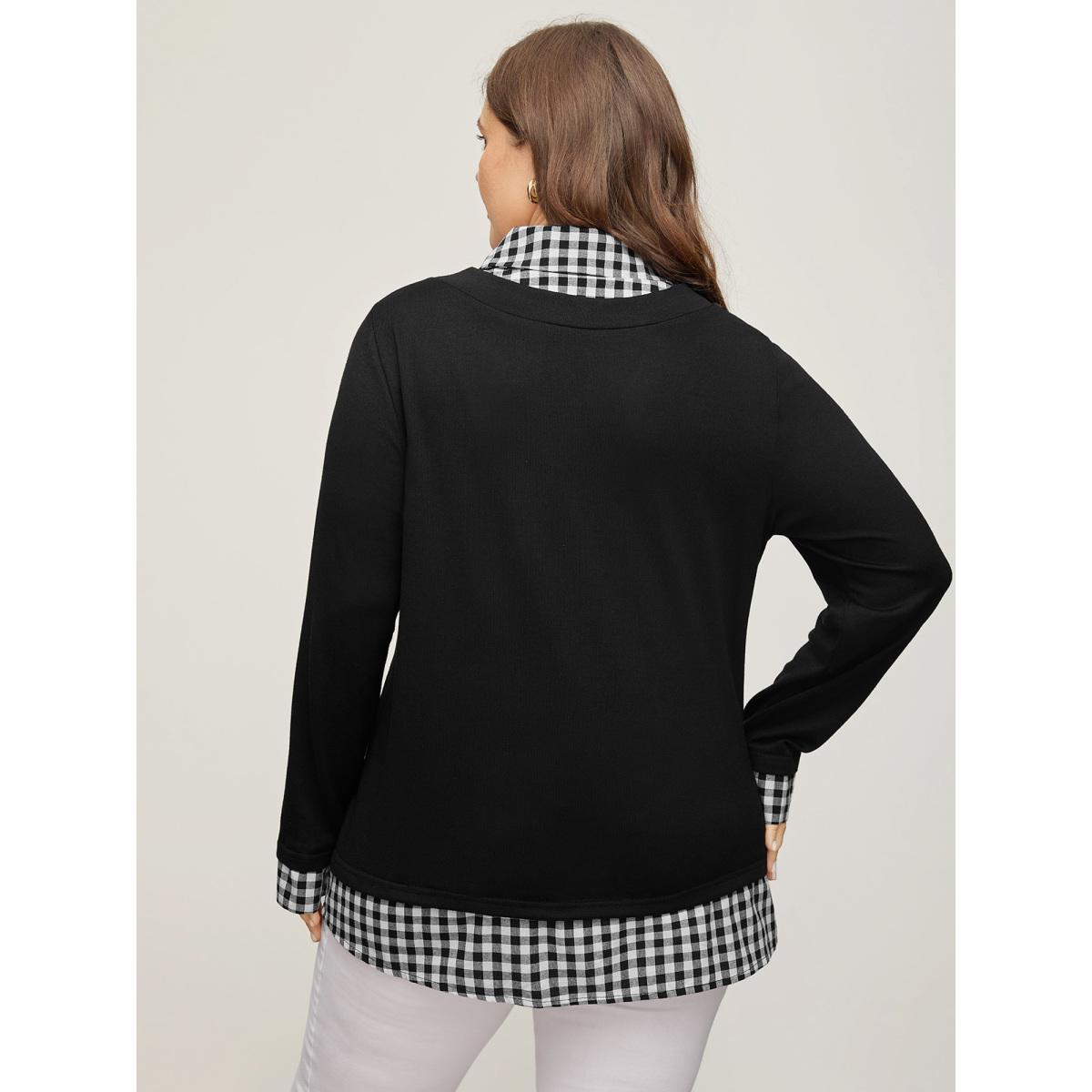 Plus Size Gingham Patchwork Shirt Collar Arc Hem Sweatshirt Women Black Casual Patchwork V-neck Everyday Sweatshirts BloomChic 10/M Product Image