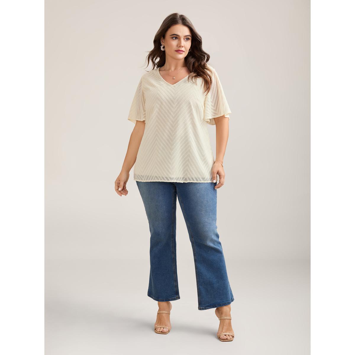 Plus Size Ivory Textured Sheer Ruffled Sleeve Blouse Women Elegant Short sleeve V-neck Everyday Blouses BloomChic 14-16/1X Product Image