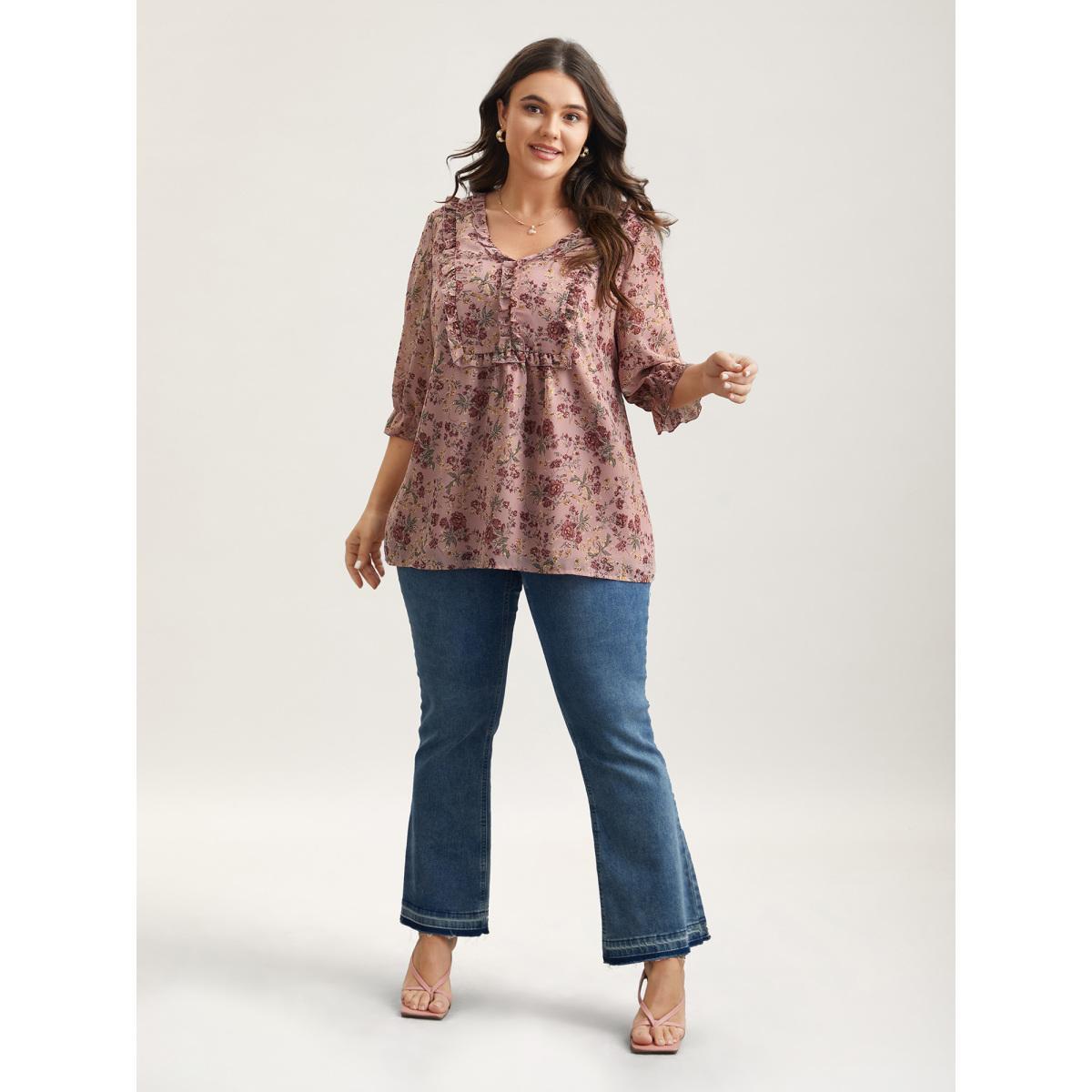 Plus Size Rouge Chiffon Floral Print Ruffled Neck Flowy Shirt Women Elegant Elbow-length sleeve V-neck Everyday Blouses BloomChic 10/M Product Image
