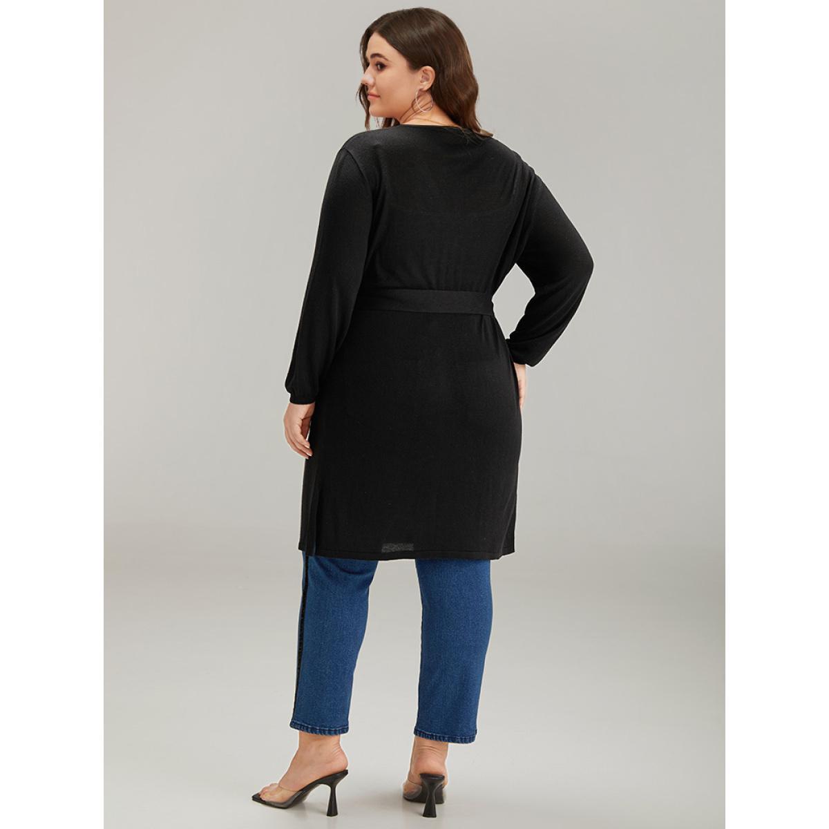 Plus Size Supersoft Essentials Ties Open Front Split Side Cardigan Black Women Casual Loose Long Sleeve Everyday Cardigans BloomChic 18-20/2X Product Image