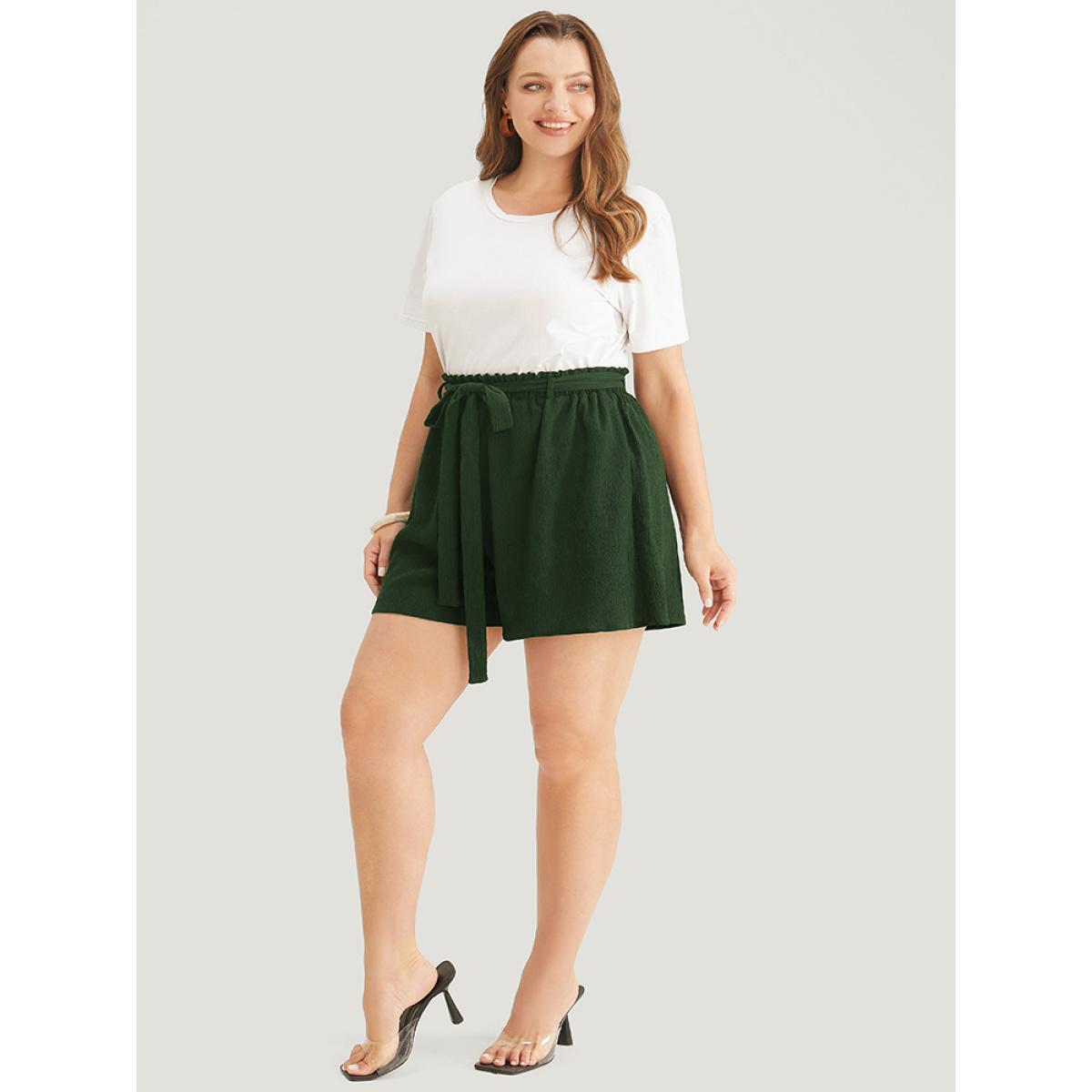 Plus Size Plain Paperbag Waist Ruffle Trim Belt Shorts Women ArmyGreen Casual Belted Dailywear Shorts BloomChic 18-20/2X Product Image