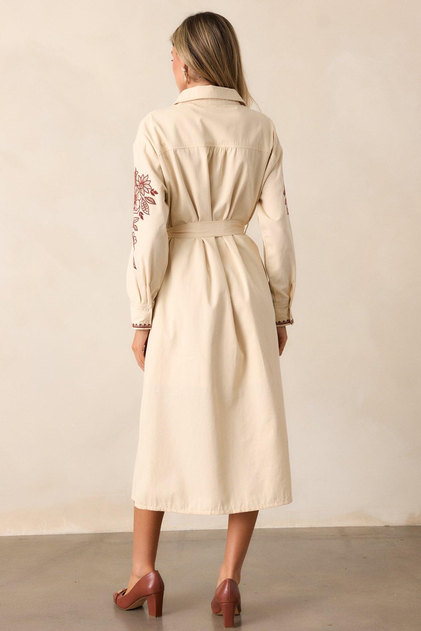 Leaves Of Tomorrow Cotton Oatmeal Long Sleeve Midi Dress Product Image