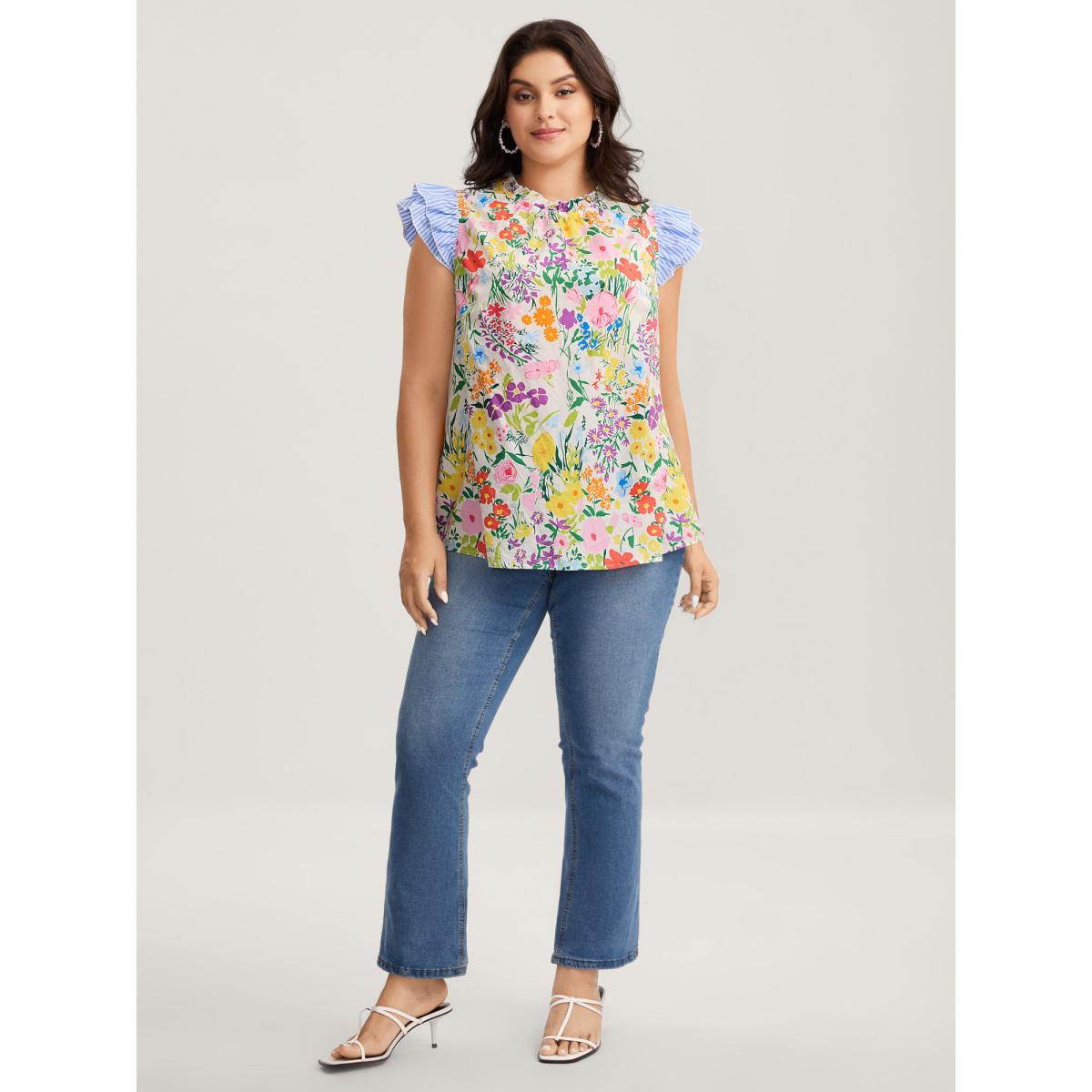 Plus Size Multicolor Pure Cotton Floral Turtleneck Blouse Women Cap Sleeve Mock Neck Everyday-Elegant Blouses BloomChic 12/L Product Image
