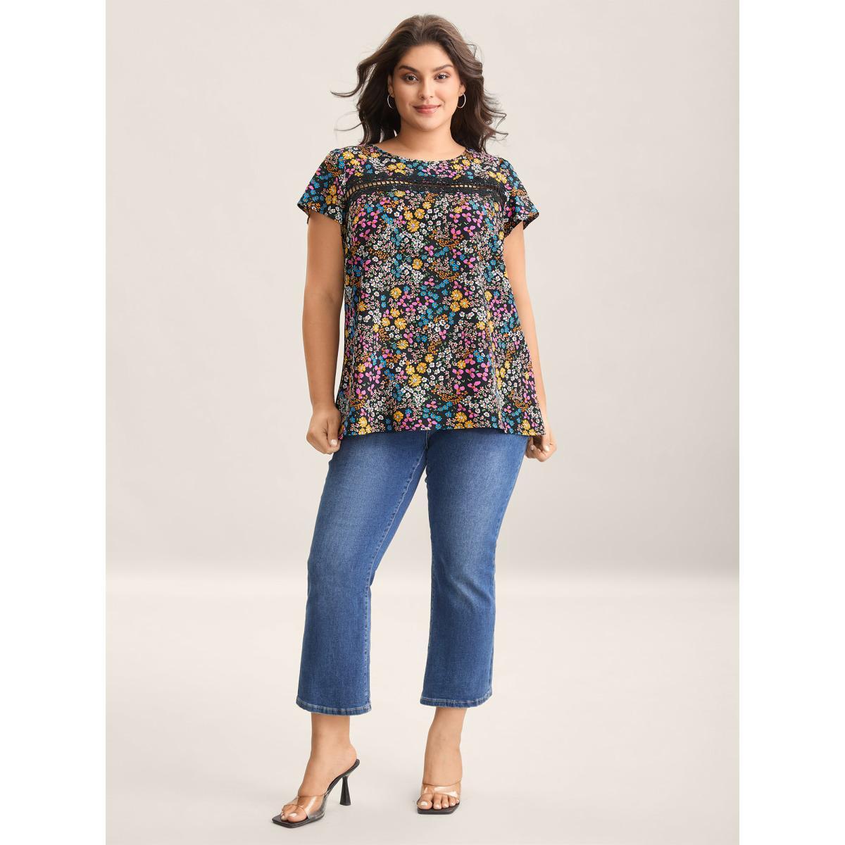 Plus Size Black Multi-Color Floral Print Lace Spliced Blouse Women Elegant Cap Sleeve Round Neck Everyday Blouses BloomChic 12/L Product Image