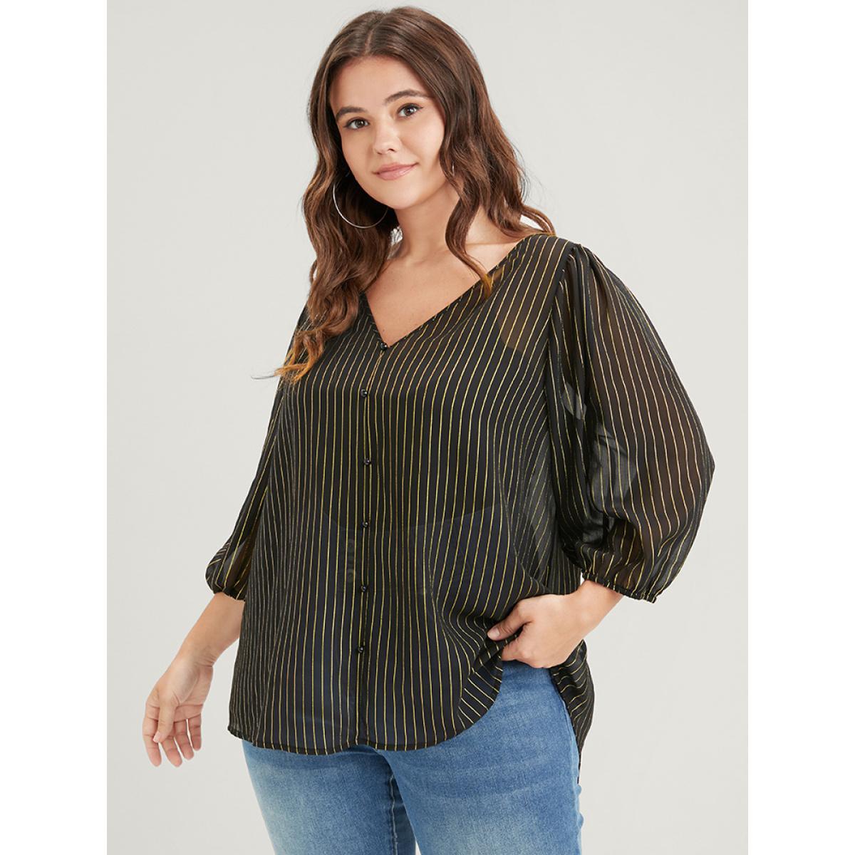 Plus Size Black Striped Mesh Lantern Sleeve V Neck Blouse Women Elegant Elbow-length sleeve V-neck Dailywear Blouses BloomChic 30/6X Product Image