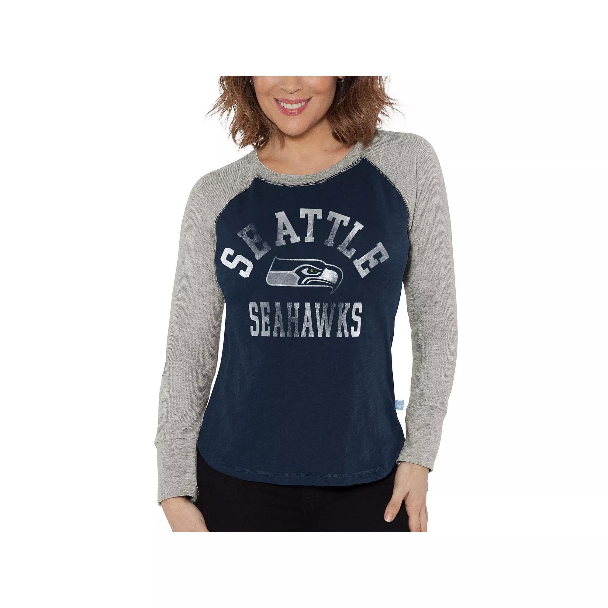 Women's G-III 4Her by Carl Banks College Navy/Heather Gray Seattle Seahawks Waffle Knit Raglan Long Sleeve T-Shirt, Size: Medium, Blue Product Image