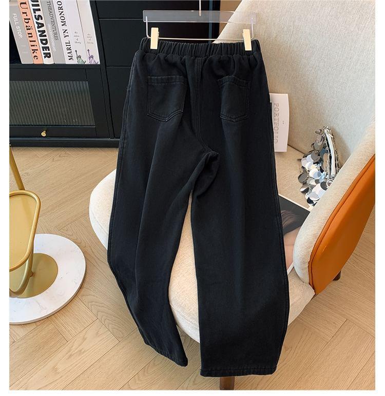 Plus Size Elastic Waist Plain Straight Leg Jeans Product Image