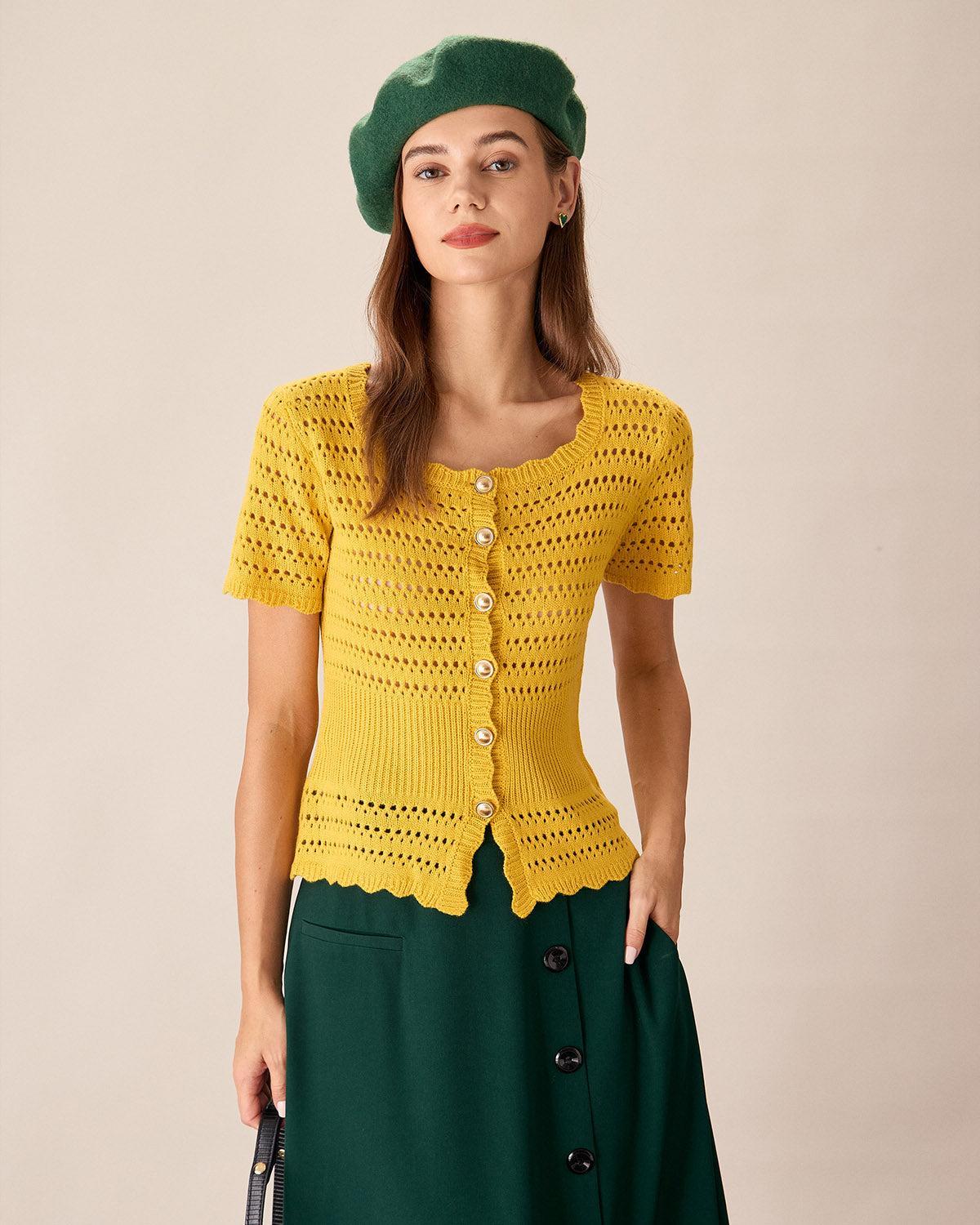 Yellow Crochet Single-Breasted Cardigan Product Image