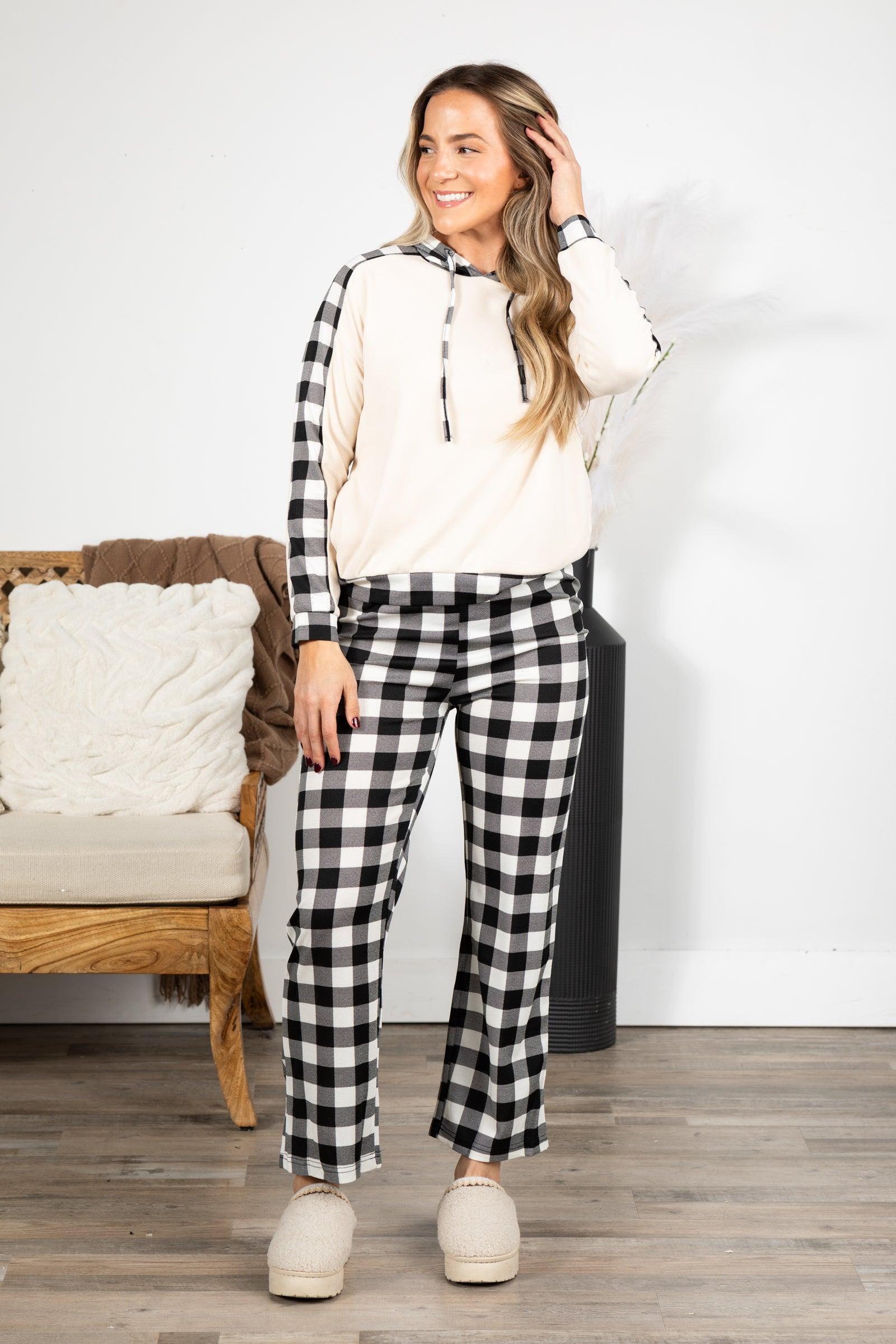 Beige And Black Checker Plaid Pajama Set Product Image