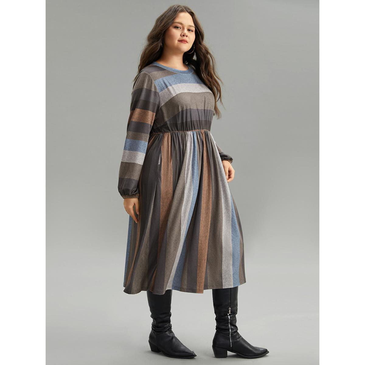 Plus Size Striped Colorblock Contrast Lantern Sleeve Dress Multicolor Women Casual Elastic cuffs Round Neck Long Sleeve Curvy Midi Dress BloomChic 12/L Product Image