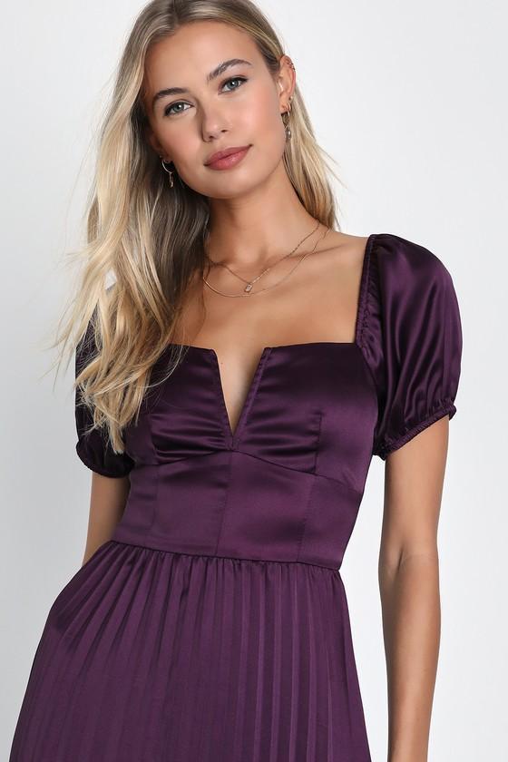 Flawless Forever Dark Purple Satin Pleated Midi Dress Product Image