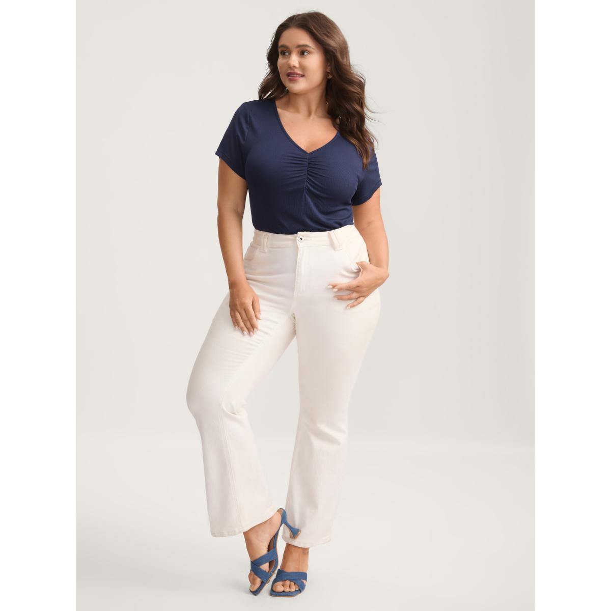 Plus Size Pleated Neckline Slim-Fit Plain T-Shirt Indigo Women Gathered V-neck Bodycon Everyday-Elegant T-shirts BloomChic 14-16/1X Product Image