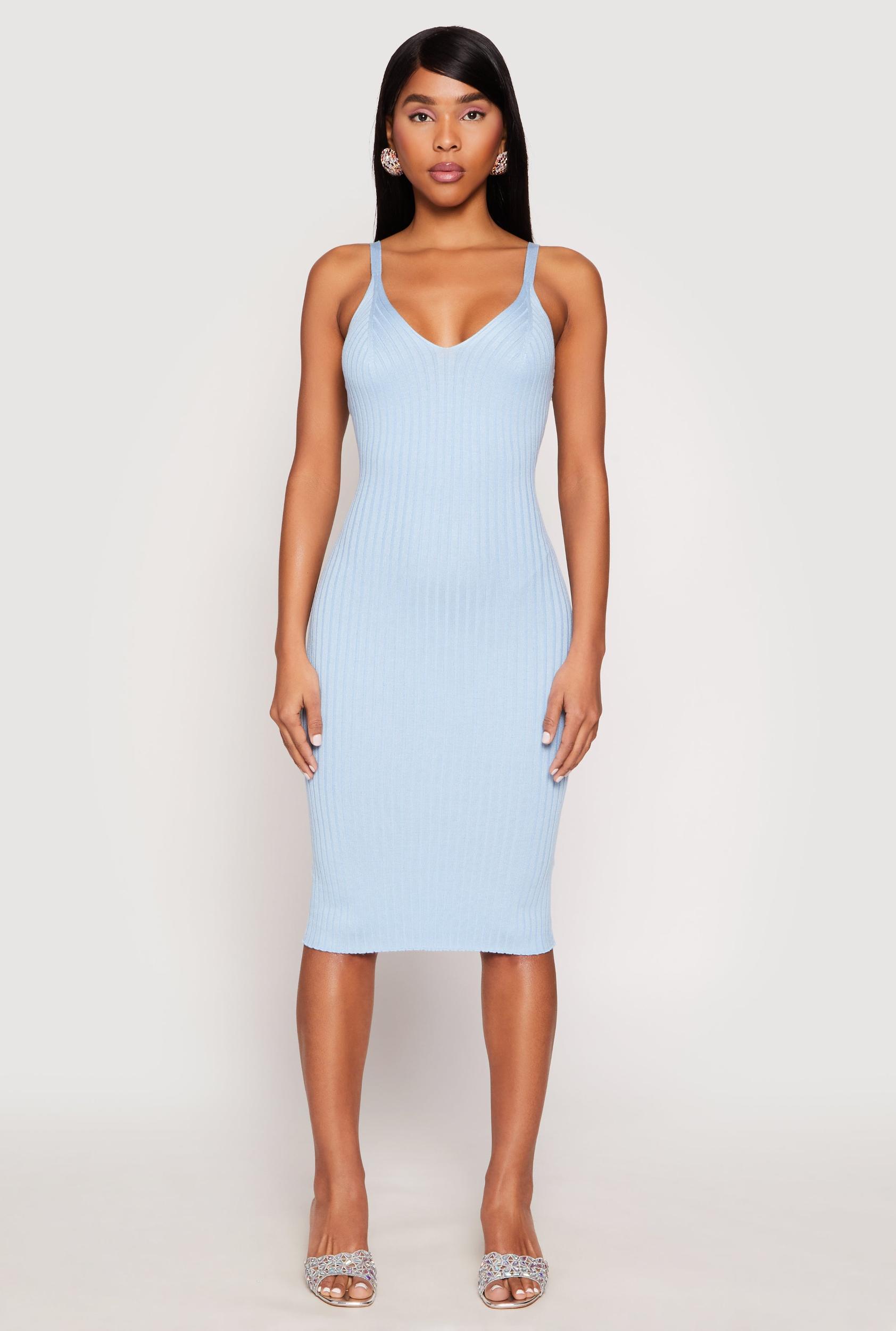 Womens Ribbed Knit V Neck Midi Dress Product Image