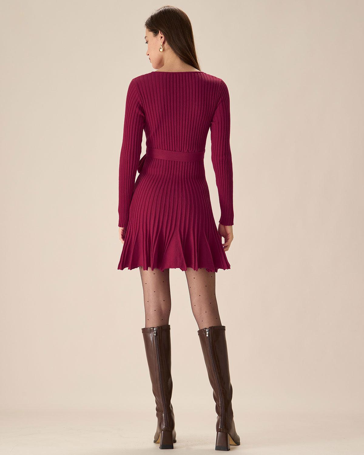 Wine Red Wrap Sweater Mini Dress Product Image