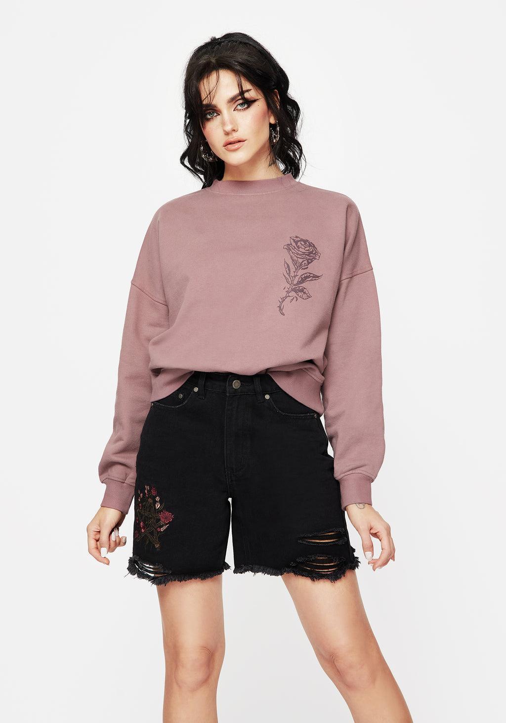 Aster Floral Embroidered Mid Length Denim Shorts Product Image