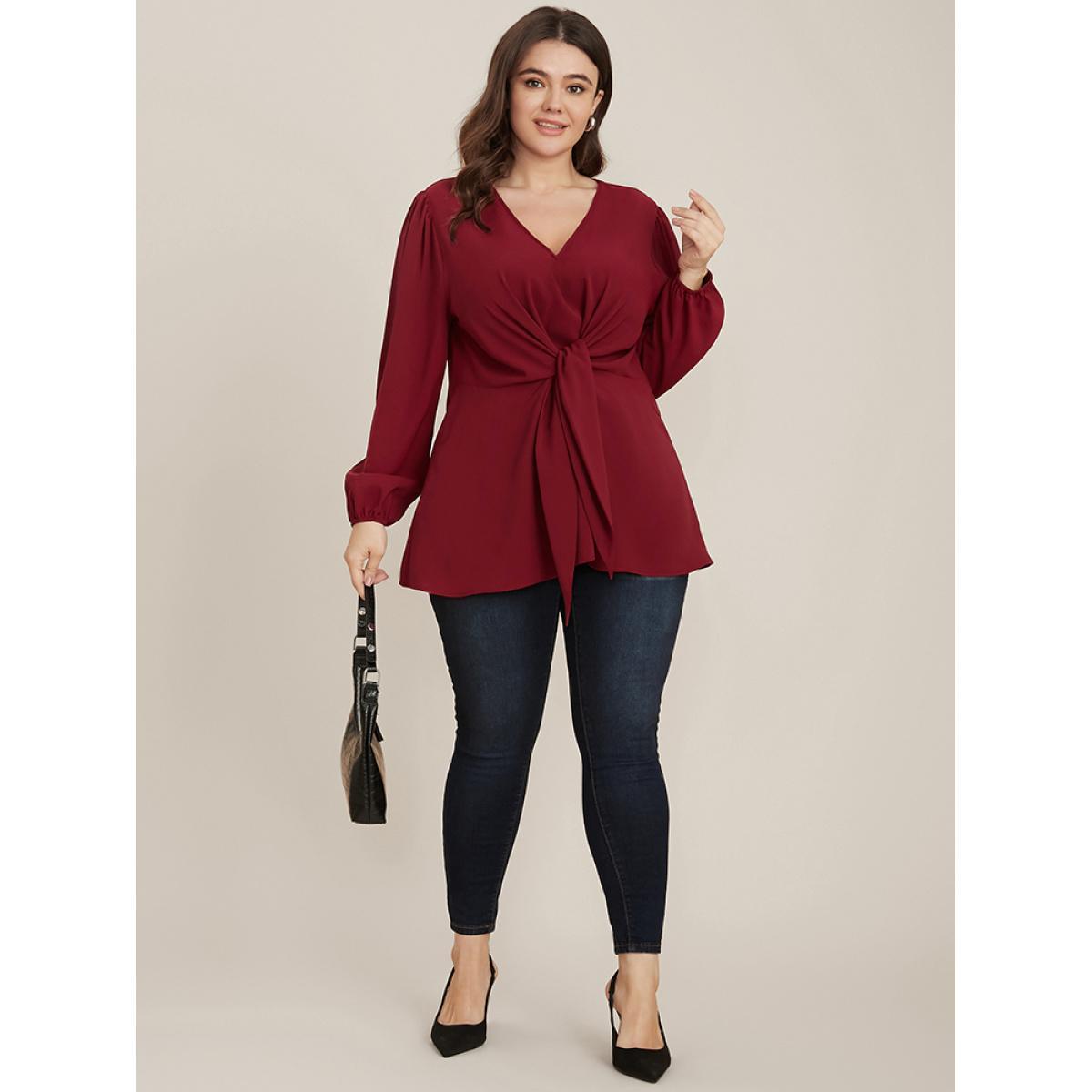 Plus Size Burgundy Solid V Neck Lantern Sleeve Knotted Front Blouse Women Elegant Long Sleeve V-neck Dailywear Blouses BloomChic 14-16/1X Product Image