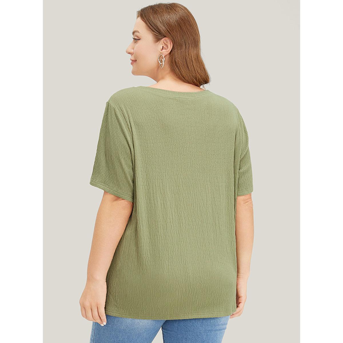 Plus Size Plain Textured Contrast Lace Crew Neck T-shirt Sage Women Elegant Plain Round Neck Dailywear T-shirts BloomChic 14-16/1X Product Image