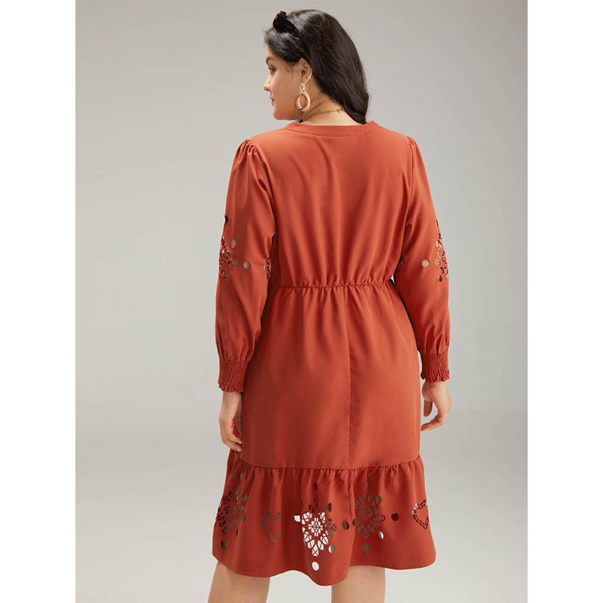 Plus Size Plain Shirred Button Up Laser Cut Dress Maroon Women Vacation Plain Notched collar Long Sleeve Curvy Midi Dress BloomChic 30/6X Product Image