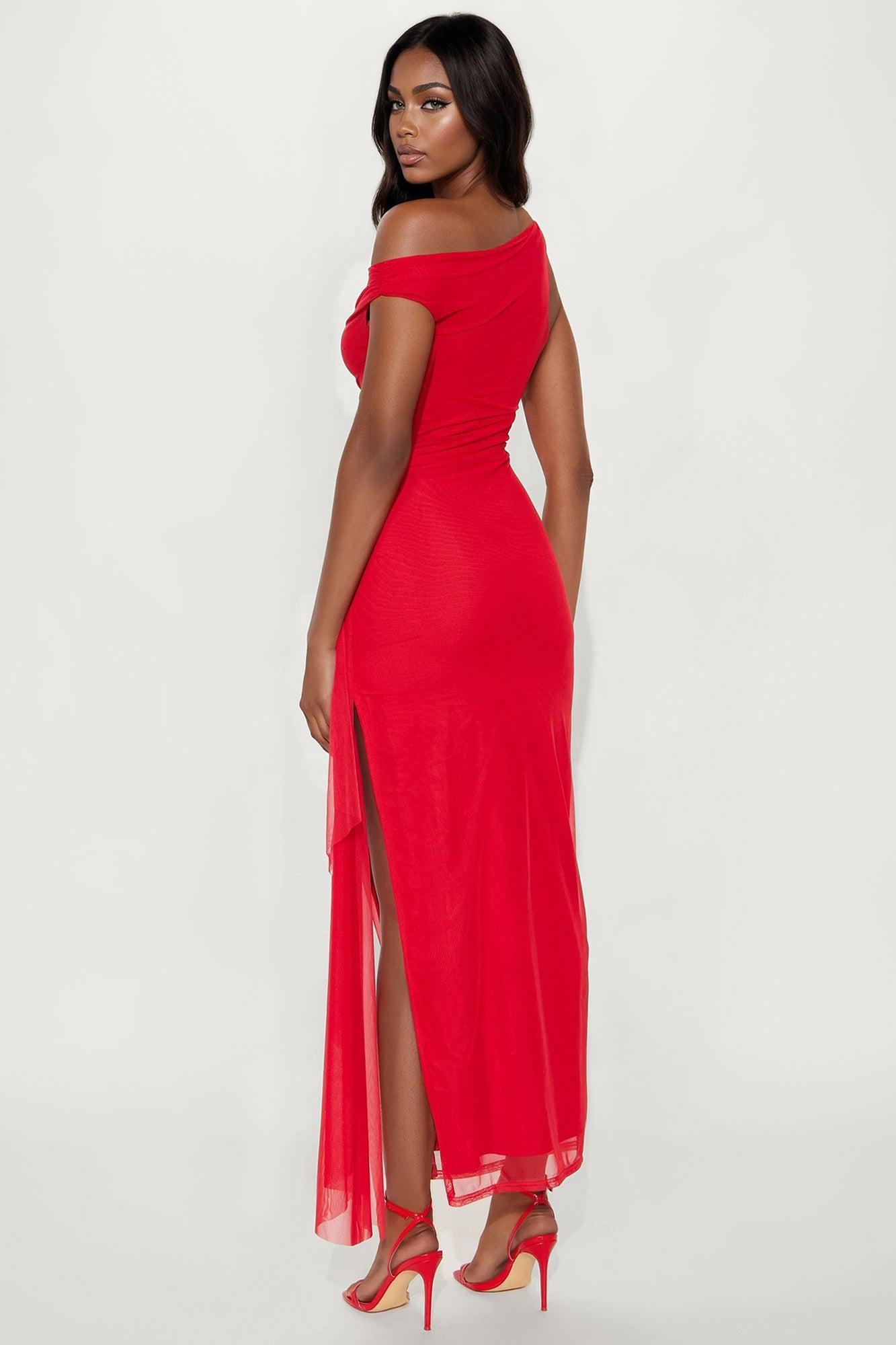 Maria Draped Mesh Maxi Dress - Red Product Image
