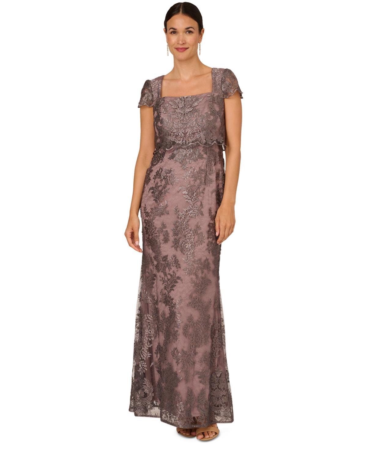 Adrianna Papell Metallic Embroidered Pop Over Mob Gown (Night Shade) Women's Dress Product Image