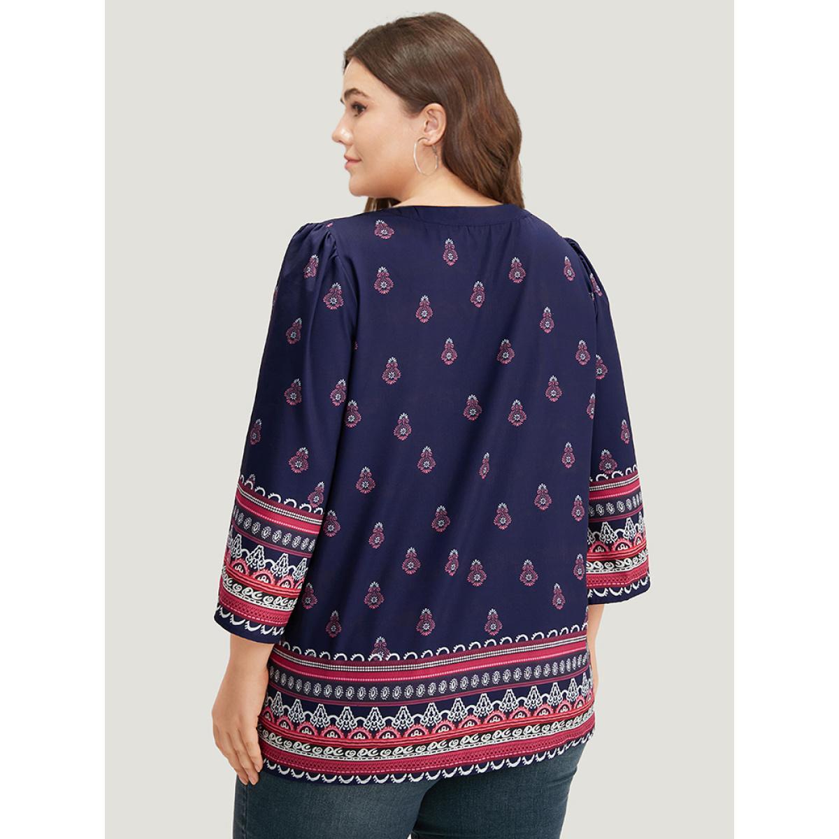 Plus Size Indigo Boho Print Tie Neck Tassel Trim Blouse Women Vacation Elbow-length sleeve V-neck Vacation Blouses BloomChic 26/4X Product Image