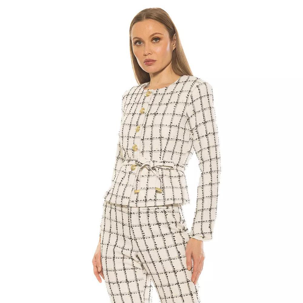Women's ALEXIA ADMOR Arjun Long Sleeve Jacket with Waist Tie, Size: 12, Ivory Plaid Product Image