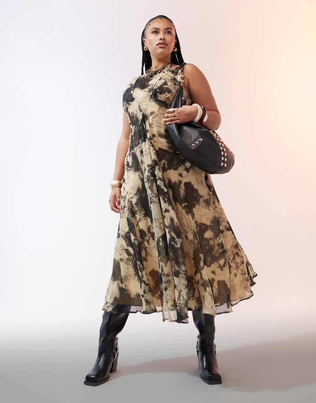 ASOS DESIGN Curve double layer halter midi dress in mustard abstract print Product Image
