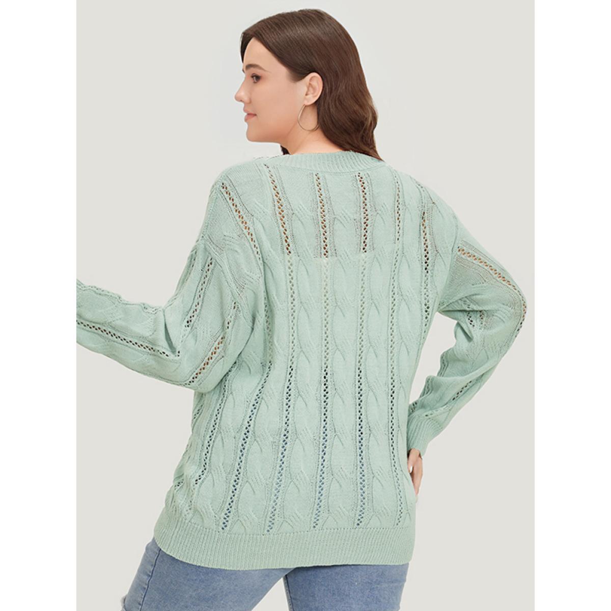 Plus Size Plain Cable Knit Drop Shoulder Pullover LightGreen Women Casual Loose Long Sleeve V-neck Dailywear Pullovers BloomChic 26/4X Product Image