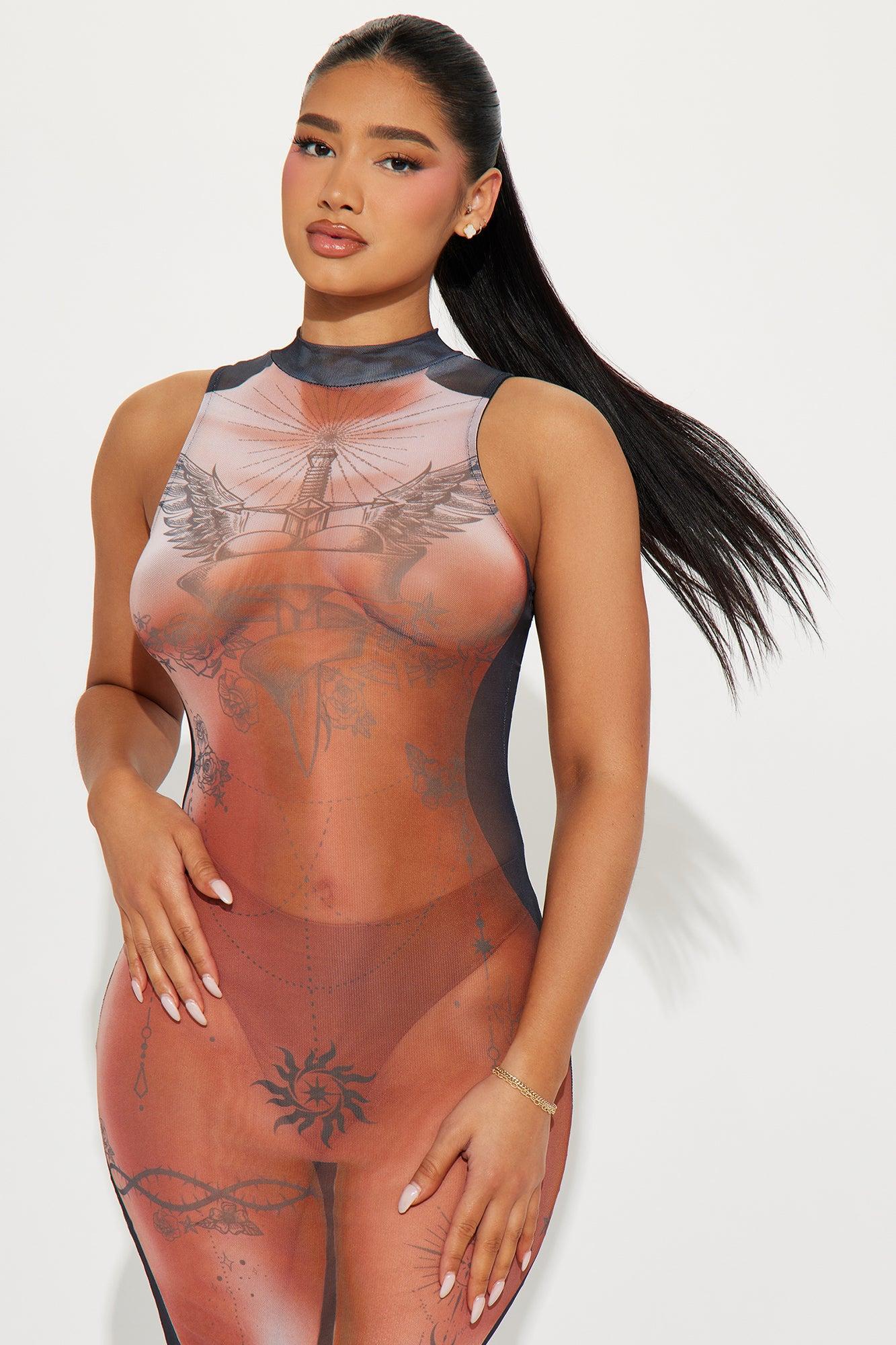 Your Favorite Tattoo Mesh Maxi Dress - Brown/combo Product Image