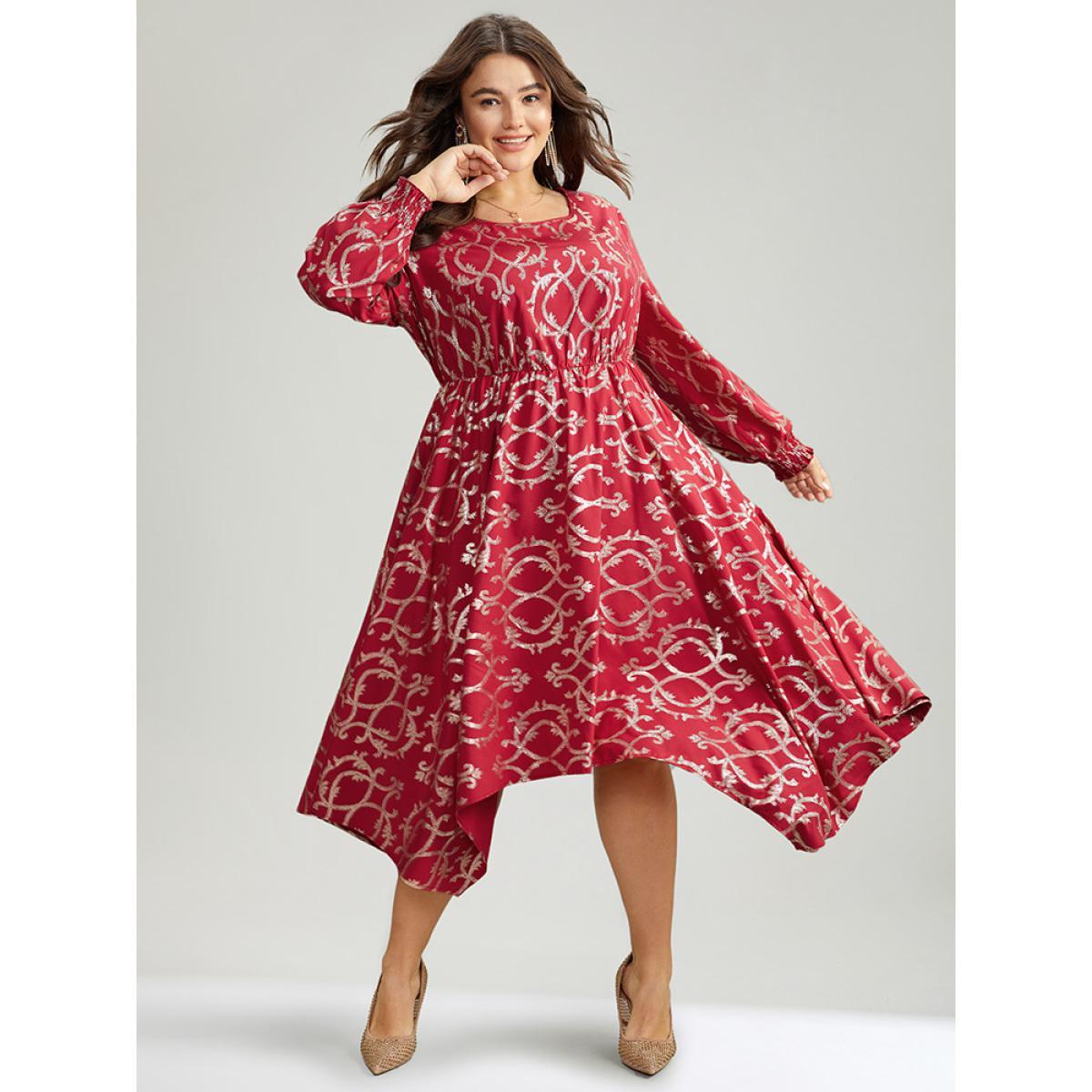 Plus Size Geometric Glitter Shirred Hanky Hem Dress Raspberry Women Party Printed Round Neck Long Sleeve Curvy Midi Dress BloomChic 28/5X Product Image