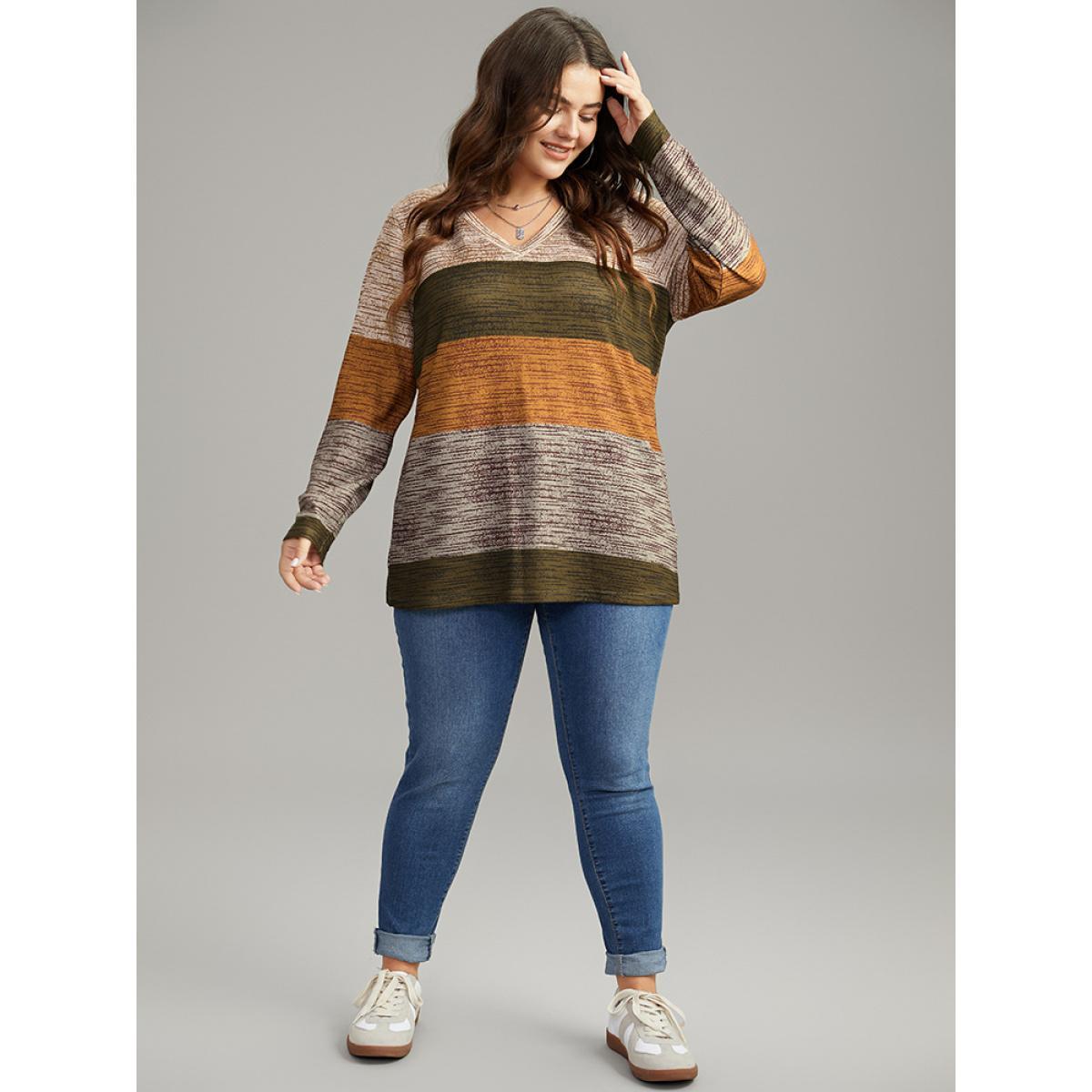 Plus Size Striped Colorblock Contrast V Neck T-shirt Multicolor Women Casual Contrast Colorblock V-neck Everyday T-shirts BloomChic 22-24/3X Product Image