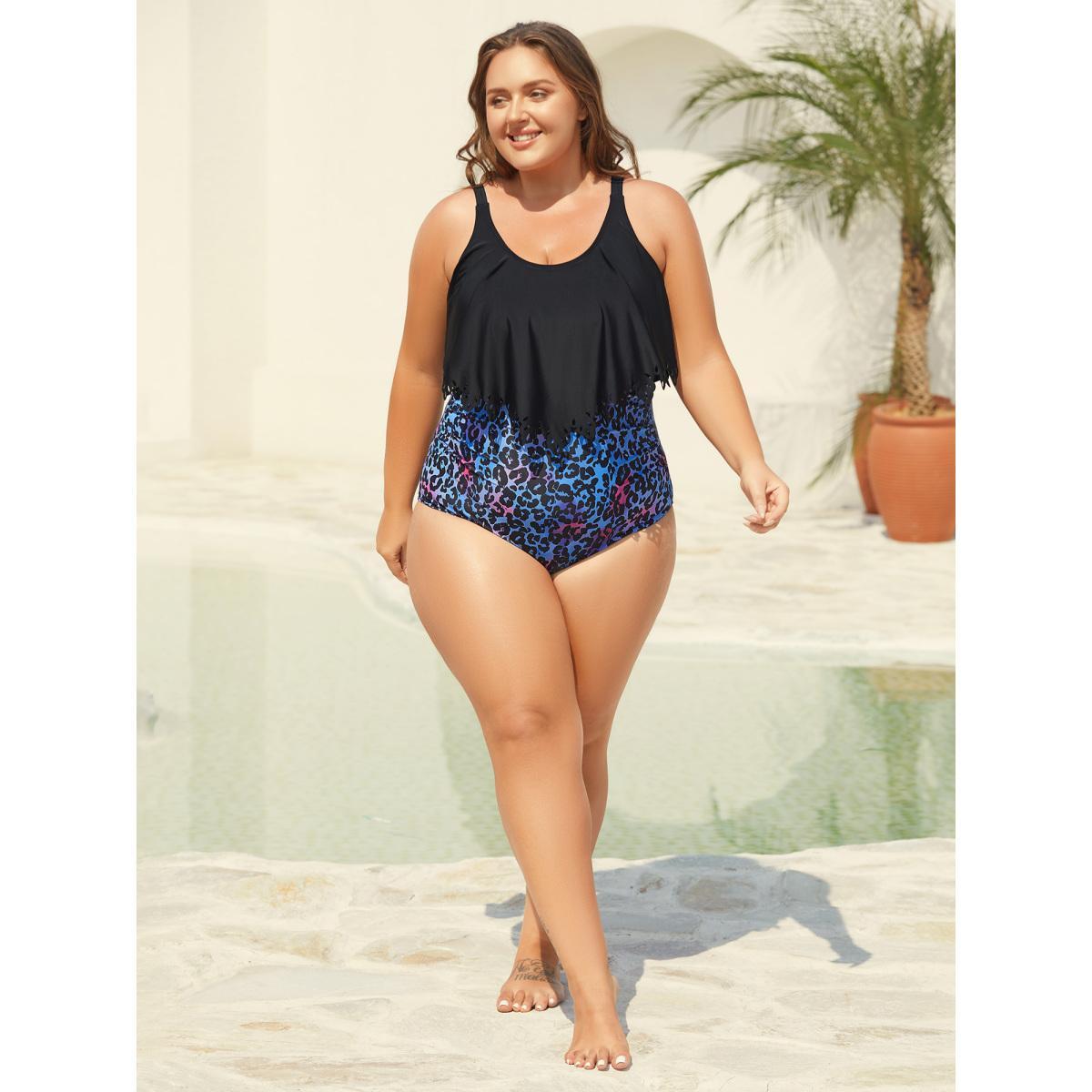 Plus Size Leopard Print Laser Cut Pleated One-Piece Swimsuit Women's Swimwear Black Beach Laser Curve Bathing Suits High stretch One Pieces BloomChic 12/L Product Image
