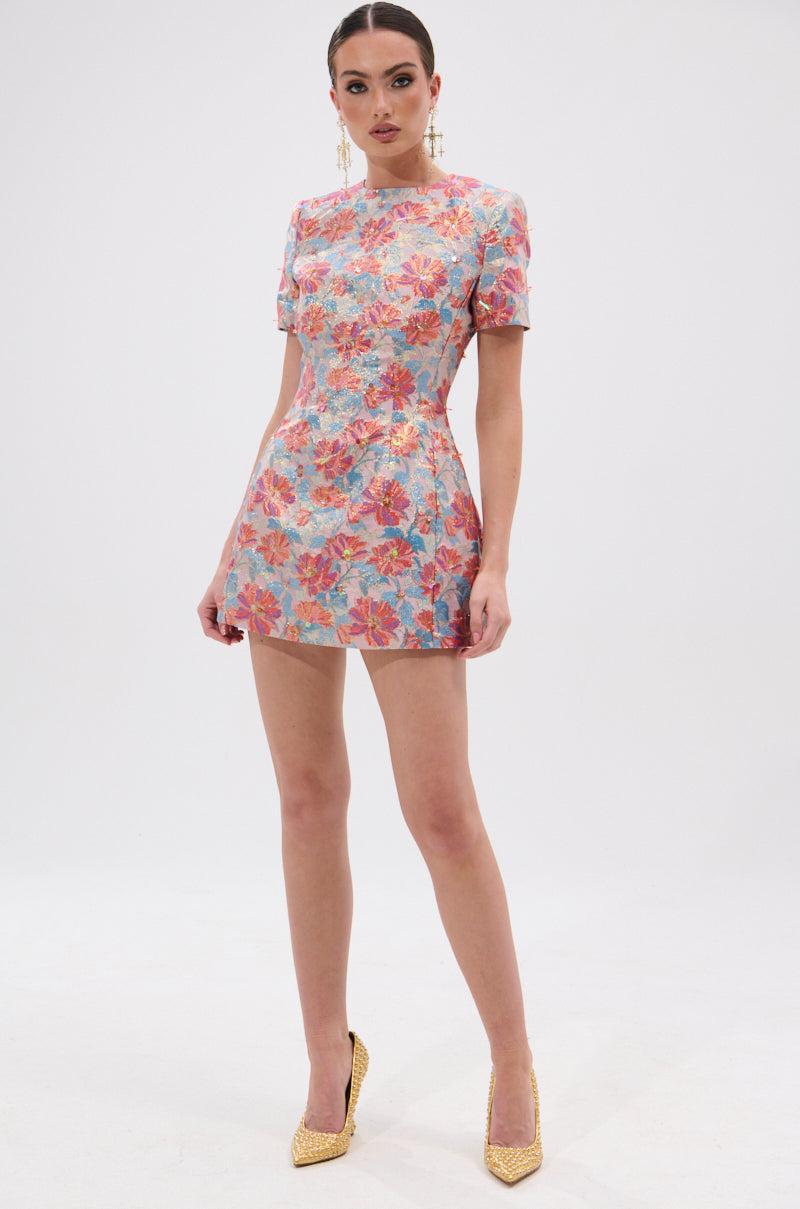 PRETTY IN PINK BROCADE BEADED MINI DRESS Product Image