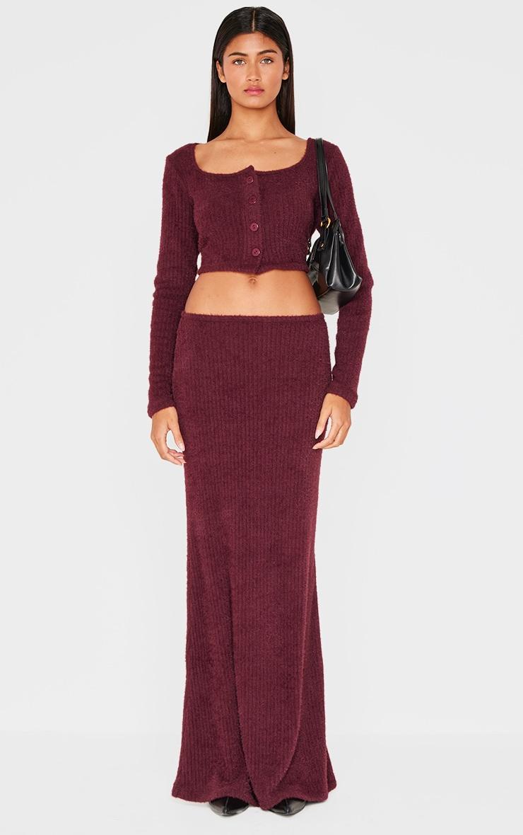 Burgundy Textured Soft Rib Square Neck Button Crop Top Product Image